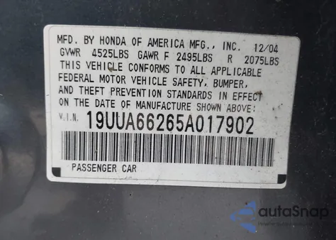 2005 Acura Tl z USA, uszkodzony, nr VIN 19UUA66265A017902
